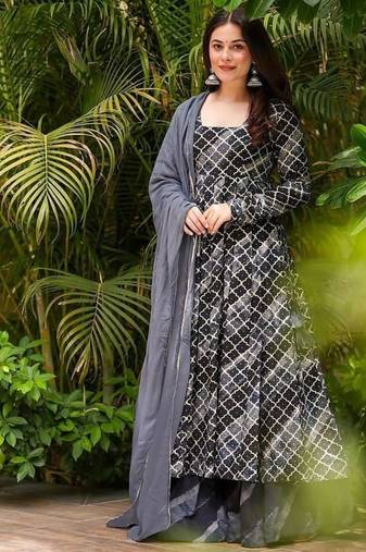 Festive wear grey ethnic printed pure muslin kurta palazzo set for women