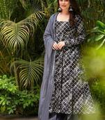 Festive wear grey ethnic printed pure muslin kurta palazzo set for women