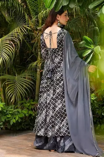 Festive wear grey ethnic printed pure muslin kurta palazzo set for women