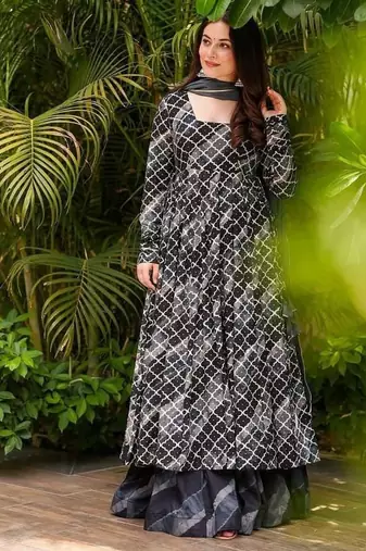 Festive wear grey ethnic printed pure muslin kurta palazzo set for women