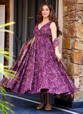 Wine purple printed pure muslin flared kurta set with palazzo pants and dupatta 1
