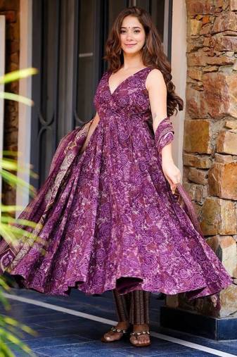 Wine purple printed pure muslin flared kurta set with palazzo pants and dupatta