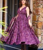 Wine purple printed pure muslin flared kurta set with palazzo pants and dupatta