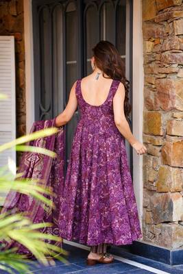 Wine purple printed pure muslin flared kurta set with palazzo pants and dupatta 2