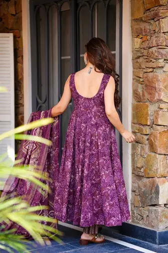 Wine purple printed pure muslin flared kurta set with palazzo pants and dupatta