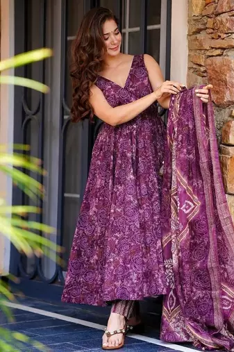Wine purple printed pure muslin flared kurta set with palazzo pants and dupatta