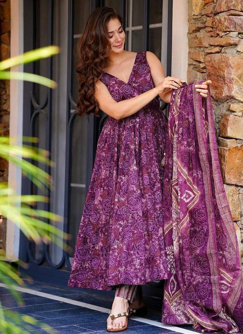 Wine purple printed pure muslin flared kurta set with palazzo pants and dupatta