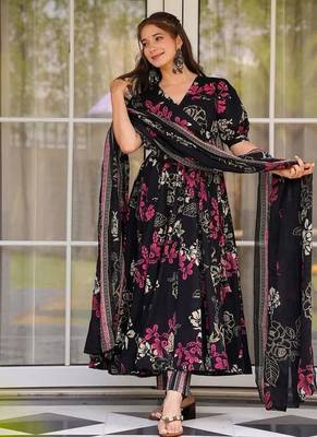 Elegant black floral printed pure muslin anarkali suit set with matching dupatta 1