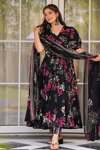 Elegant black floral printed pure muslin anarkali suit set with matching dupatta