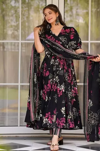 Elegant black floral printed pure muslin anarkali suit set with matching dupatta