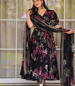 Elegant black floral printed pure muslin anarkali suit set with matching dupatta