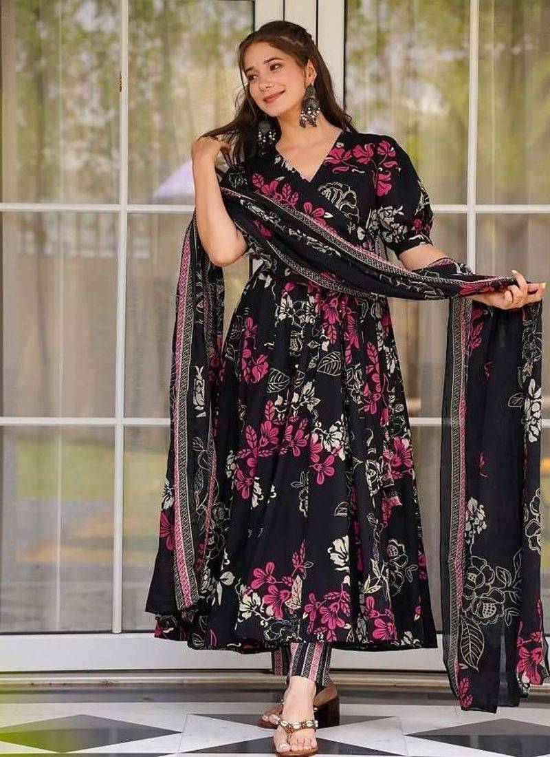 Elegant black floral printed pure muslin anarkali suit set with matching dupatta