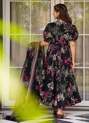 Elegant black floral printed pure muslin anarkali suit set with matching dupatta 2