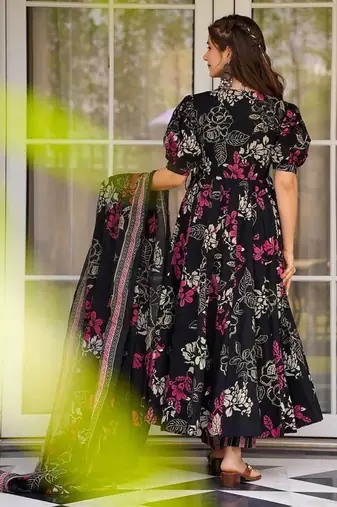 Elegant black floral printed pure muslin anarkali suit set with matching dupatta