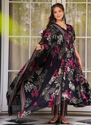 Elegant black floral printed pure muslin anarkali suit set with matching dupatta 3
