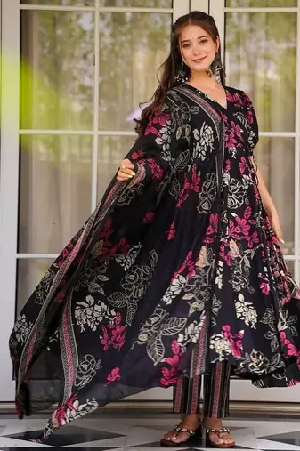 Elegant black floral printed pure muslin anarkali suit set with matching dupatta