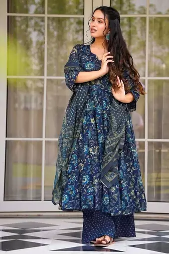 Elegant midnight blue floral pure muslin designer anarkali suit set
