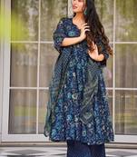 Elegant midnight blue floral pure muslin designer anarkali suit set