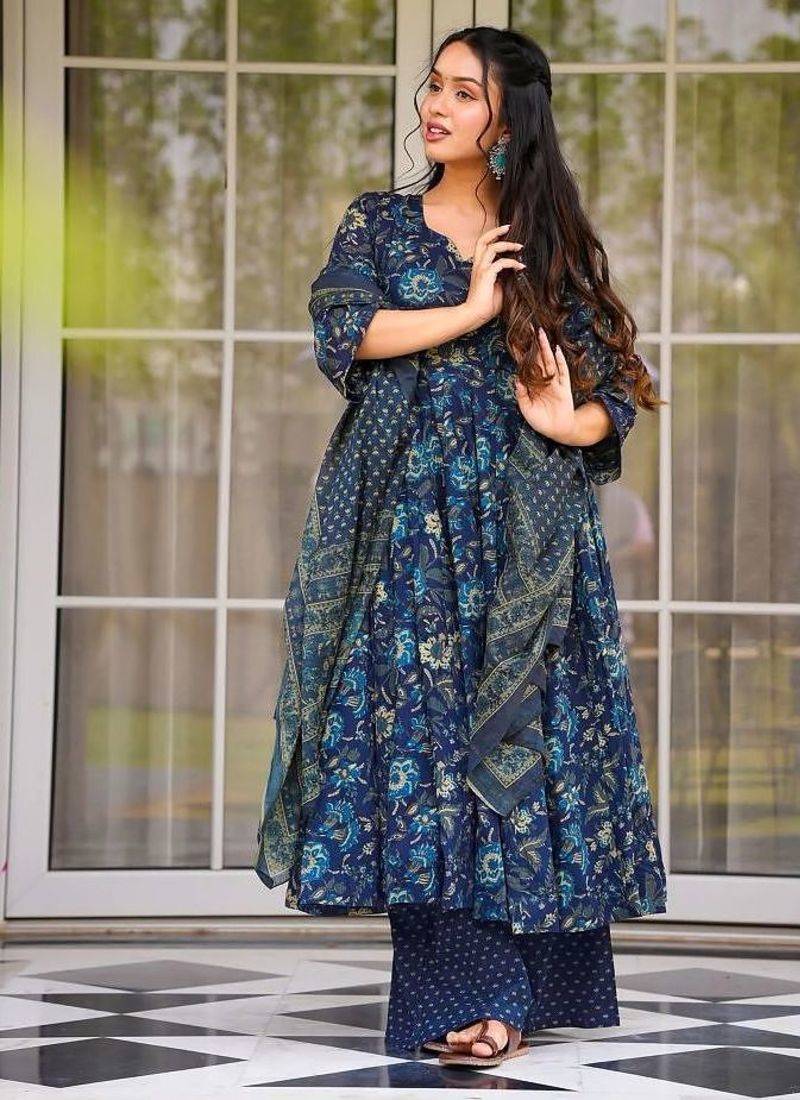 Elegant midnight blue floral pure muslin designer anarkali suit set