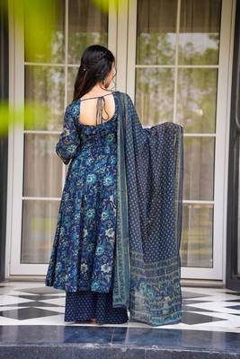 Elegant midnight blue floral pure muslin designer anarkali suit set 2