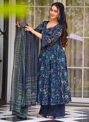 Elegant midnight blue floral pure muslin designer anarkali suit set 3