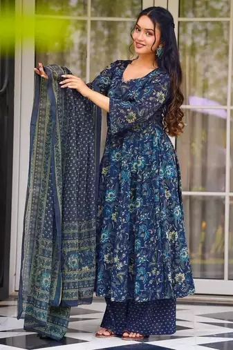 Elegant midnight blue floral pure muslin designer anarkali suit set