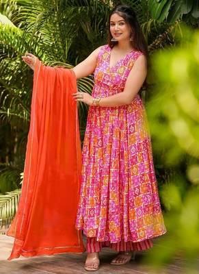 Gulnaar pink printed pure muslin anarkali suit set with dupatta 1