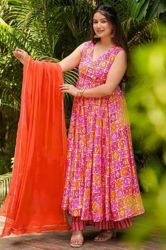 Gulnaar pink printed muslin anarkali suit set with dupatta