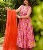 Gulnaar pink printed pure muslin anarkali suit set with dupatta