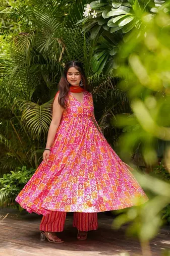 Gulnaar pink printed pure muslin anarkali suit set with dupatta