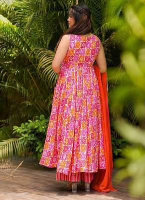 Gulnaar pink printed pure muslin anarkali suit set with dupatta 3