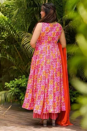 Gulnaar pink printed pure muslin anarkali suit set with dupatta