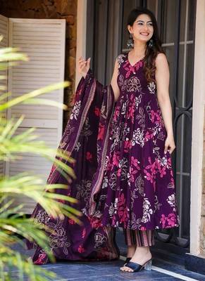 Women's royal orchid floral printed pure muslin anarkali set with palazzo & dupatta 1