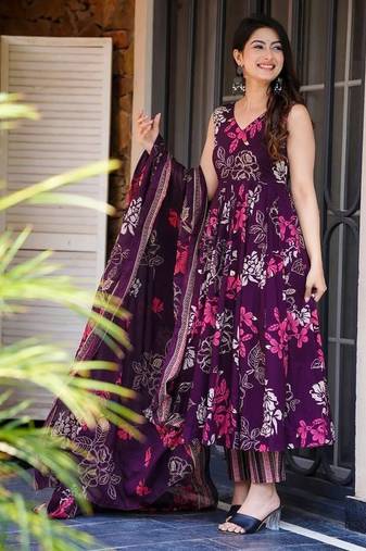 Women's royal orchid floral printed pure muslin anarkali set with palazzo & dupatta