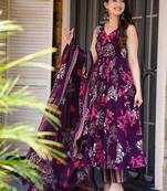 Women's royal orchid floral printed pure muslin anarkali set with palazzo & dupatta