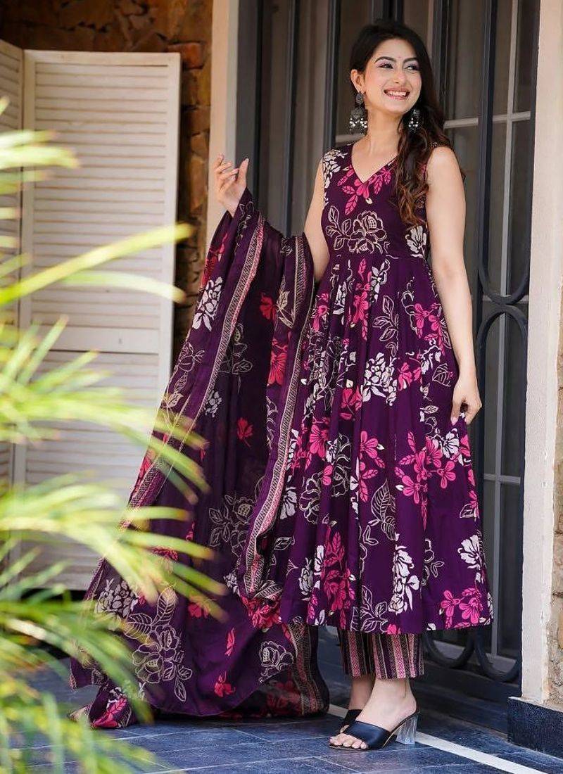 Women's royal orchid floral printed pure muslin anarkali set with palazzo & dupatta