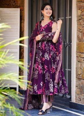 Women's royal orchid floral printed pure muslin anarkali set with palazzo & dupatta 2