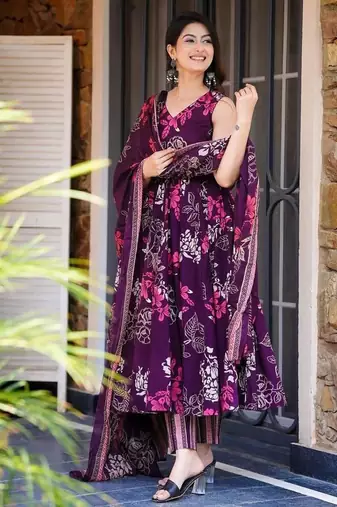 Women's royal orchid floral printed pure muslin anarkali set with palazzo & dupatta