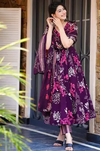 Women's royal orchid floral printed pure muslin anarkali set with palazzo & dupatta