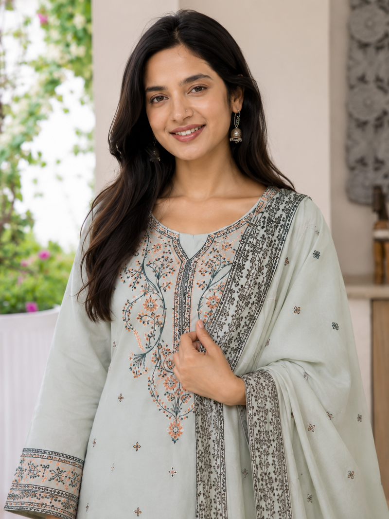 Crtx grey jaquard pure cotton kurti with dupatta and pant