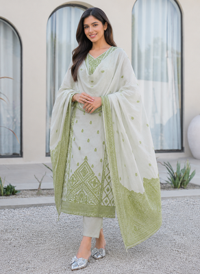 Crtx olive green jaquard pure cotton kurti with dupatta and pant 1