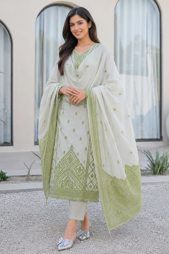  olive green jaquard pure cotton kurti with dupatta and pant