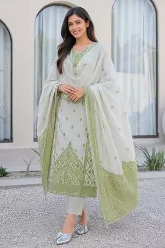 Crtx olive green jaquard pure cotton kurti with dupatta and pant