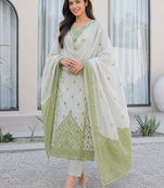 Crtx olive green jaquard pure cotton kurti with dupatta and pant
