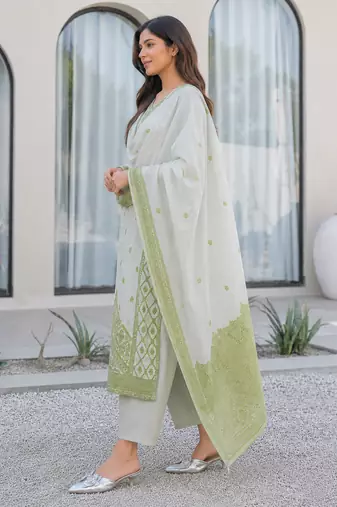 Crtx olive green jaquard pure cotton kurti with dupatta and pant