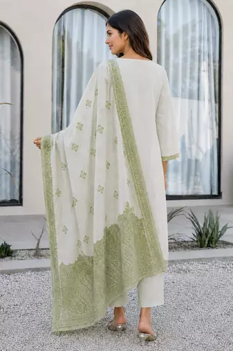Crtx olive green jaquard pure cotton kurti with dupatta and pant