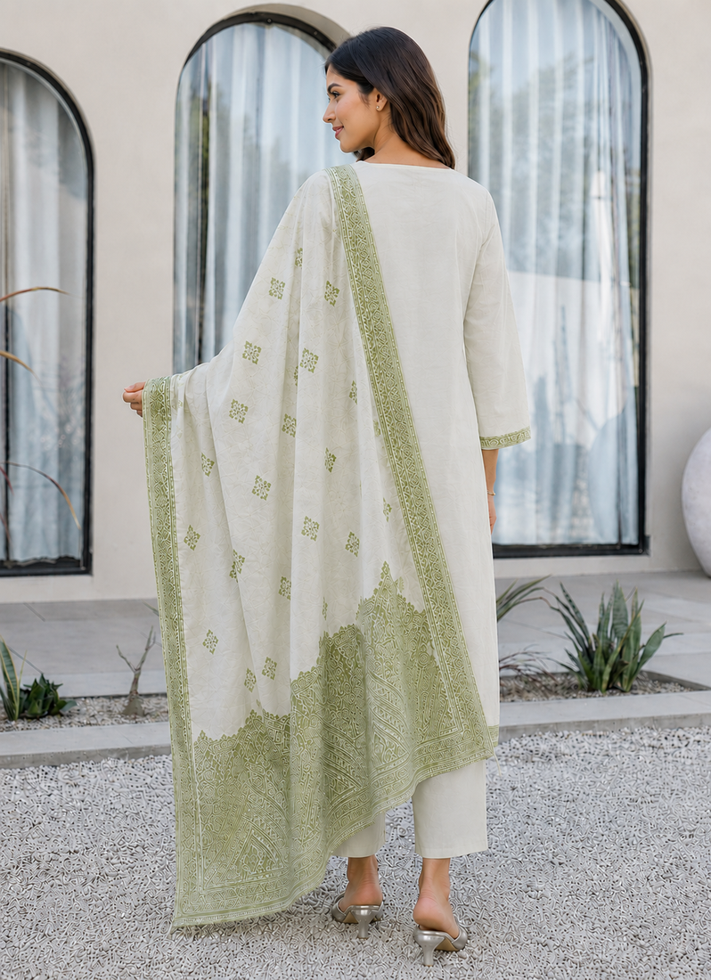 Crtx olive green jaquard pure cotton kurti with dupatta and pant
