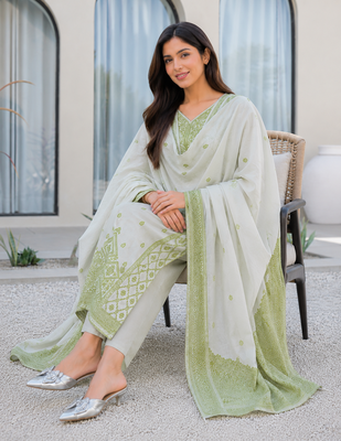 Crtx olive green jaquard pure cotton kurti with dupatta and pant 4