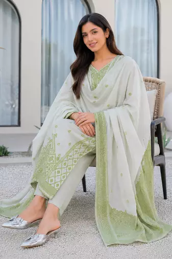 Crtx olive green jaquard pure cotton kurti with dupatta and pant