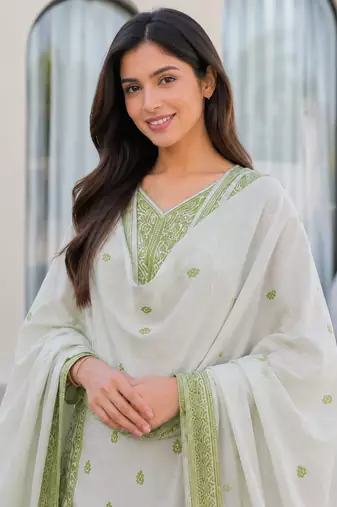 Crtx olive green jaquard pure cotton kurti with dupatta and pant
